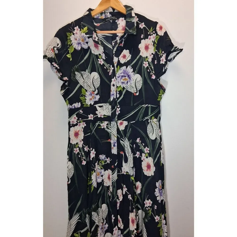 Zara collection womens medium long boho resort maxi dress blue floral beach